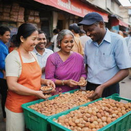 A delighted father and mother buying nuts for their child in a vibrant, bustling market.