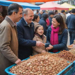 A delighted father and mother buying nuts for their child in a vibrant, bustling market.