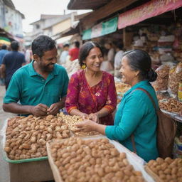 A delighted father and mother buying nuts for their child in a vibrant, bustling market.