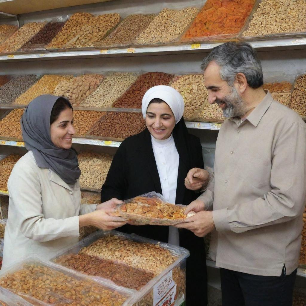 A happy Iranian couple, mother and father, buying nuts and dried fruits snack mix for their child