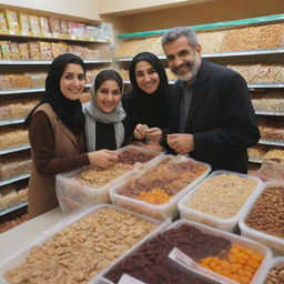 A happy Iranian couple, mother and father, buying nuts and dried fruits snack mix for their child