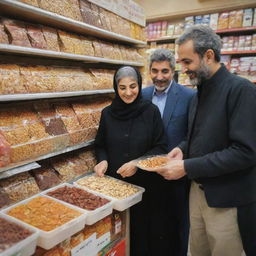 A happy Iranian couple, mother and father, buying nuts and dried fruits snack mix for their child