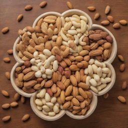 A colorful and appealing assortment of mixed nuts typically seen in a Persian spread, including pistachios, almonds, walnuts, and raisins, artistically arranged