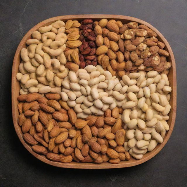 A colorful and appealing assortment of mixed nuts typically seen in a Persian spread, including pistachios, almonds, walnuts, and raisins, artistically arranged