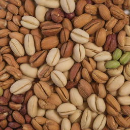 A colorful and appealing assortment of mixed nuts typically seen in a Persian spread, including pistachios, almonds, walnuts, and raisins, artistically arranged