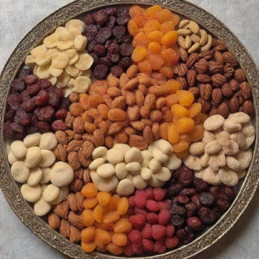 An assortment of traditional Iranian dried fruits and nuts, beautifully arranged on a decorative platter.