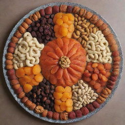 An assortment of traditional Iranian dried fruits and nuts, beautifully arranged on a decorative platter.