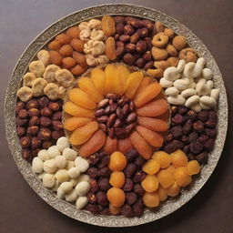 An assortment of traditional Iranian dried fruits and nuts, beautifully arranged on a decorative platter.