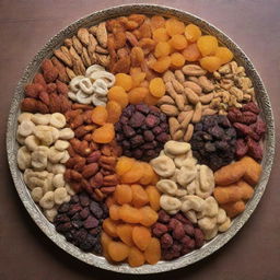 An assortment of traditional Iranian dried fruits and nuts, beautifully arranged on a decorative platter.