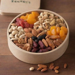 An assortment of nuts and dried fruits securely packaged in an attractive, eco-friendly container.