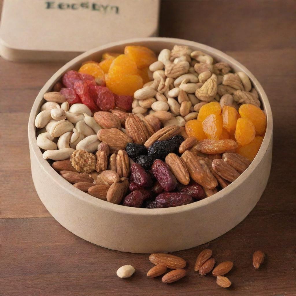 An assortment of nuts and dried fruits securely packaged in an attractive, eco-friendly container.