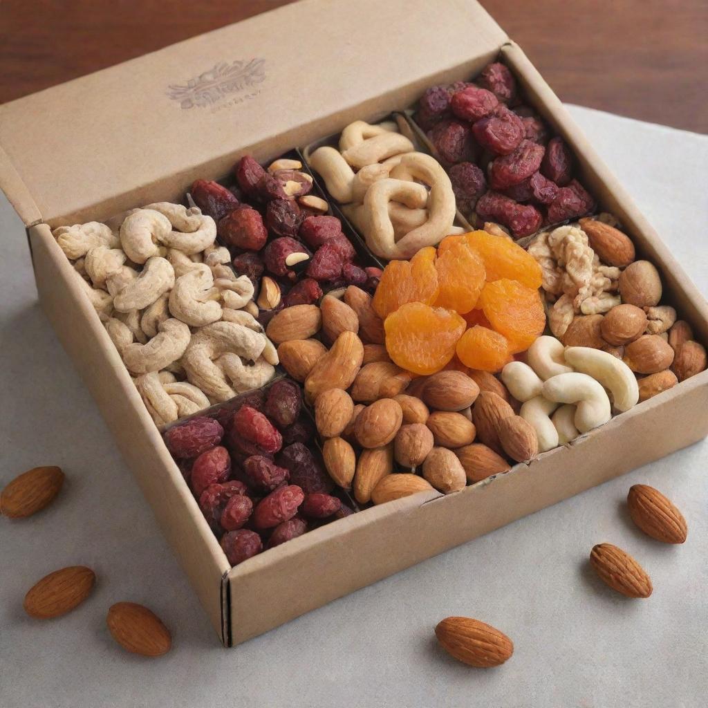 An assortment of nuts and dried fruits securely packaged in an attractive, eco-friendly container.