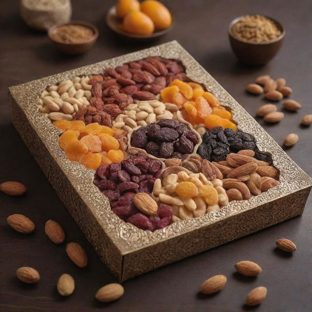 An intricately designed Iranian dried fruit and nut mix packaging highlighting the rich cultural elements of Iran.