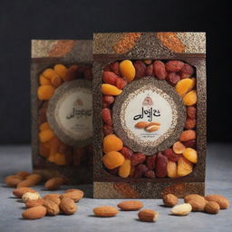 An intricately designed Iranian dried fruit and nut mix packaging highlighting the rich cultural elements of Iran.