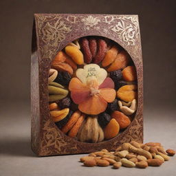 An intricately designed Iranian dried fruit and nut mix packaging highlighting the rich cultural elements of Iran.