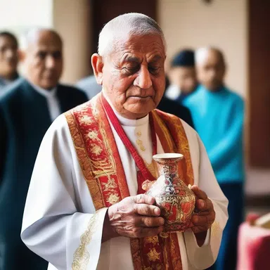 During the religious ceremony, the priest holds a toby jug filled with holy water.
