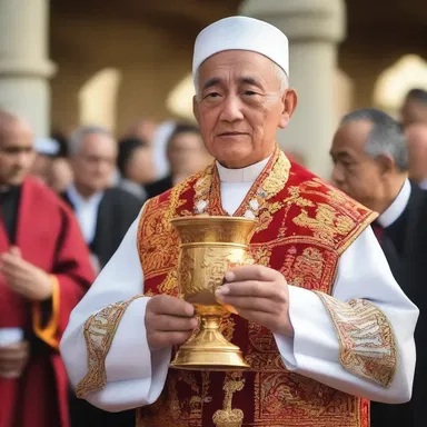 During the religious ceremony, the priest holds a toby jug filled with holy water.