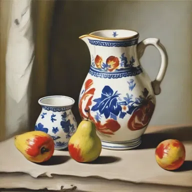 The artist painted a still life with a toby jug as the main subject, highlighting its unique shape and design.