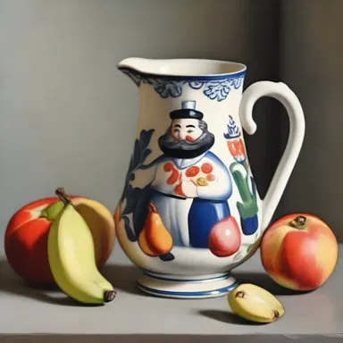 The artist painted a still life with a toby jug as the main subject, highlighting its unique shape and design.