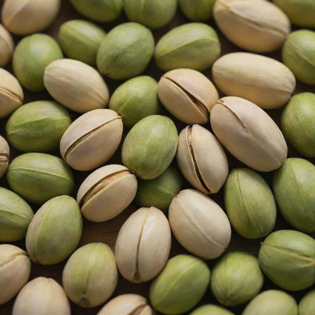 A close-up shot of Rafsanjani pistachios, showcasing their rich green color and the unique split shells exposing the nut inside.