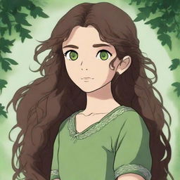 This digital art portrays a girl with hazel eyes and long, dark brown curly hair, rendered in the enchanting style of Studio Ghibli