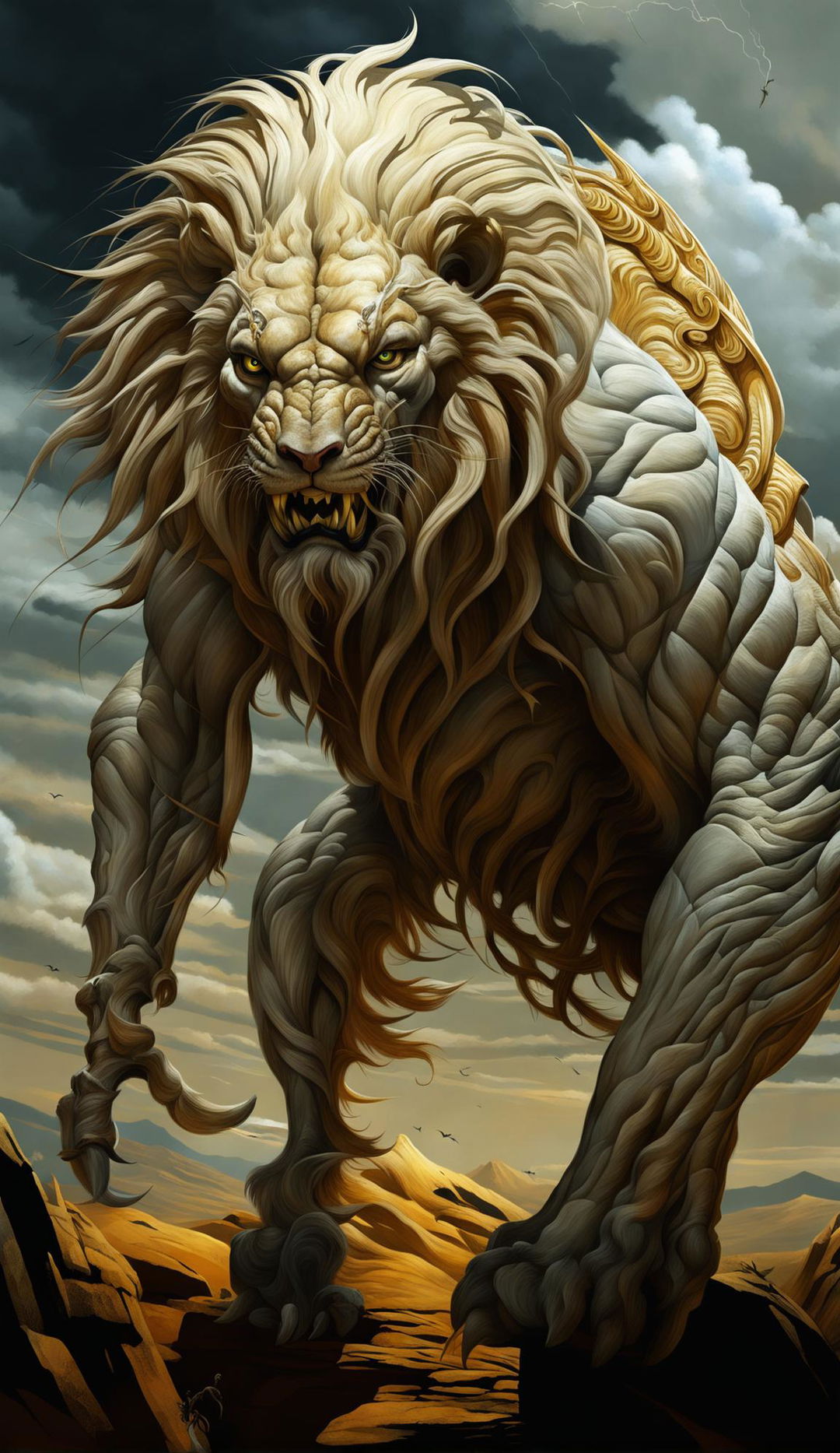 A digital art of a chimera with a lion's front, goat's middle and serpent's hindquarters standing in a desolate landscape under a stormy sky.