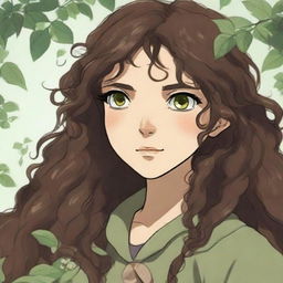 This digital art portrays a girl with hazel eyes and long, dark brown curly hair, rendered in the enchanting style of Studio Ghibli