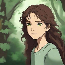 This digital art portrays a girl with hazel eyes and long, dark brown curly hair, rendered in the enchanting style of Studio Ghibli