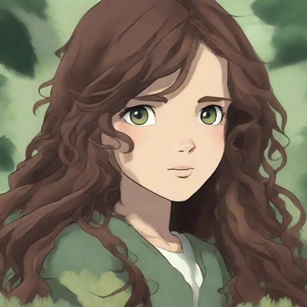 This digital art portrays a girl with hazel eyes and long, dark brown curly hair, rendered in the enchanting style of Studio Ghibli