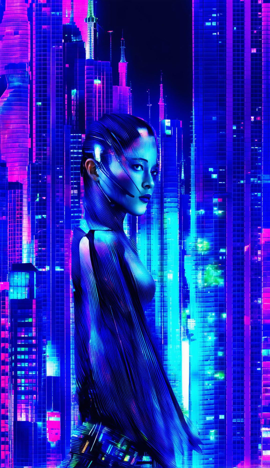 A beautiful cyborg woman stands in a neon-lit metropolis experiencing a matrix glitch, her silver body and glowing eyes unaffected by the chaos around her.