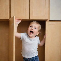 A mischievous child stealthily snatching snacks from a kitchen cabinet