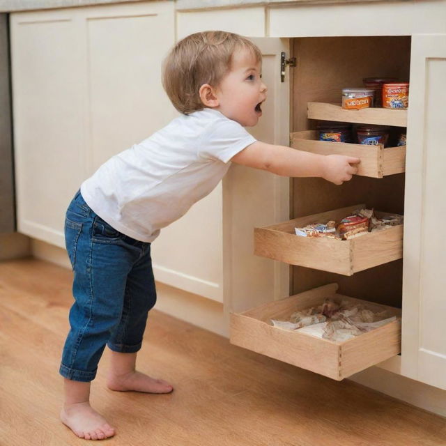 A mischievous child stealthily snatching snacks from a kitchen cabinet