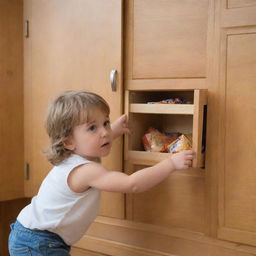 A mischievous child stealthily snatching snacks from a kitchen cabinet