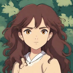 A high-quality digital art piece featuring a girl with hazel brown eyes and long, dark brown curly hair, drawn in the distinctive, detailed style of Studio Ghibli