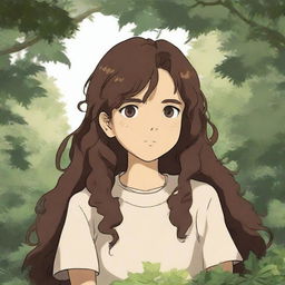 A high-quality digital art piece featuring a girl with hazel brown eyes and long, dark brown curly hair, drawn in the distinctive, detailed style of Studio Ghibli