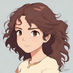 A high-quality digital art piece featuring a girl with hazel brown eyes and long, dark brown curly hair, drawn in the distinctive, detailed style of Studio Ghibli