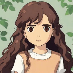 A high-quality digital art piece featuring a girl with hazel brown eyes and long, dark brown curly hair, drawn in the distinctive, detailed style of Studio Ghibli