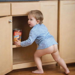 A mischievous child stealthily snatching snacks from a kitchen cabinet