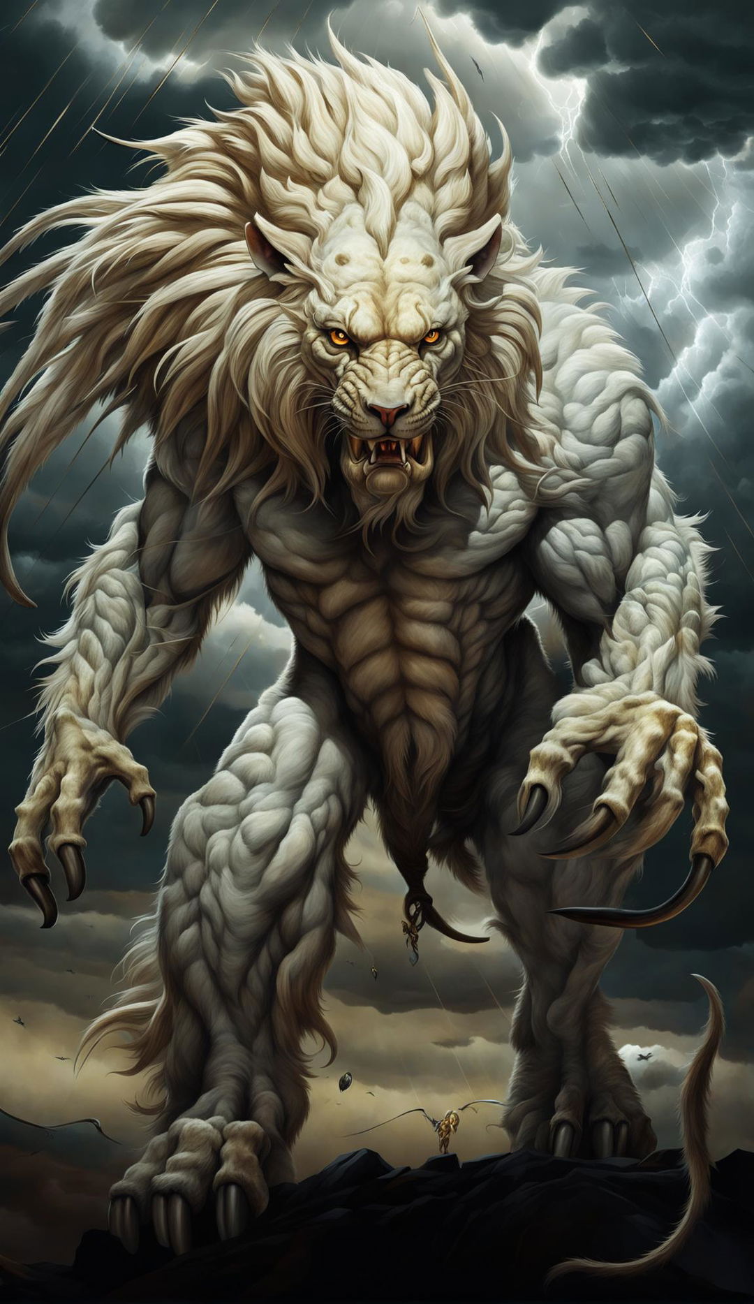 A digital art of a bipedal chimera with a lion's front, goat's middle, serpent's hindquarters, and large wings, standing in a desolate landscape under a stormy sky.