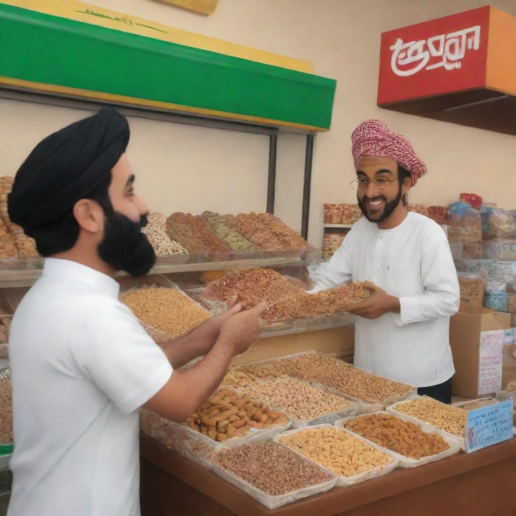 A cartoon character named Saeed making a purchase from a nut vendor