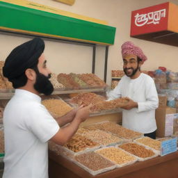 A cartoon character named Saeed making a purchase from a nut vendor