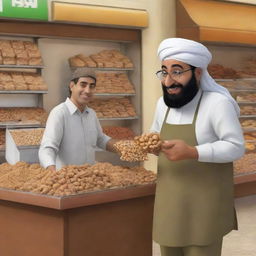 A cartoon character named Saeed making a purchase from a nut vendor