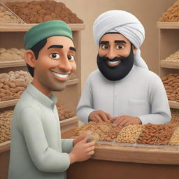 A cartoon character named Saeed making a purchase from a nut vendor