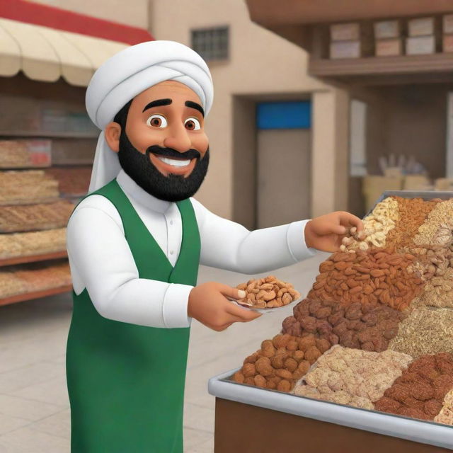 A cartoon character named Saeed making a purchase from a nut vendor