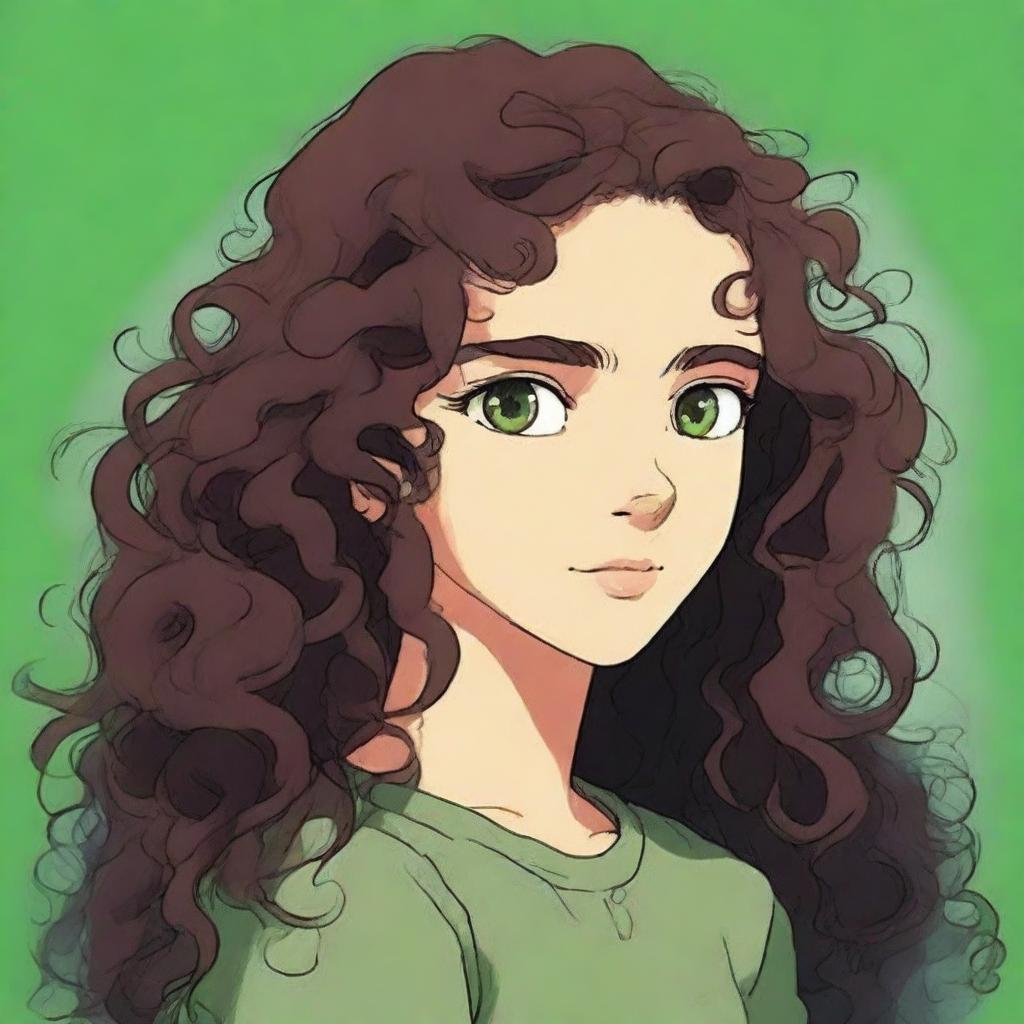 A high-quality digital art piece depicts a girl with hazel brown eyes and long, very dark brown curly hair, drawn in the distinctive style of Studio Ghibli