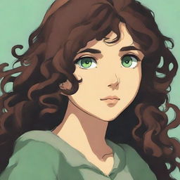 A high-quality digital art piece depicts a girl with hazel brown eyes and long, very dark brown curly hair, drawn in the distinctive style of Studio Ghibli