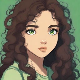 A high-quality digital art piece depicts a girl with hazel brown eyes and long, very dark brown curly hair, drawn in the distinctive style of Studio Ghibli