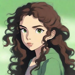 A high-quality digital art piece depicts a girl with hazel brown eyes and long, very dark brown curly hair, drawn in the distinctive style of Studio Ghibli