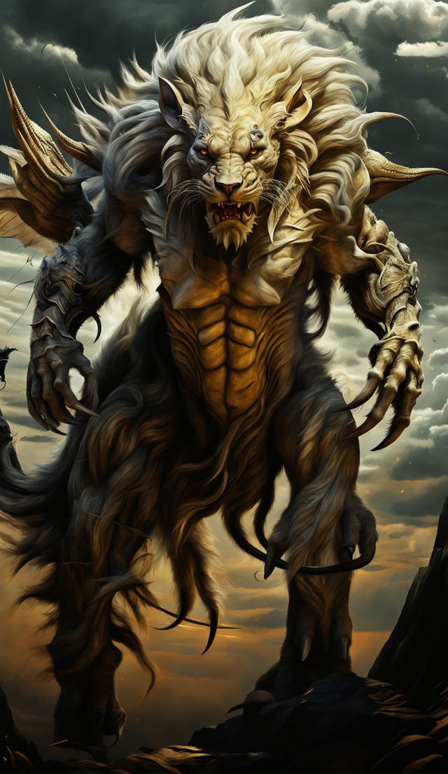 A digital art of a chimera with a lion's front, goat's middle and serpent's hindquarters, and large bat-like wings standing in a desolate landscape under a stormy sky.