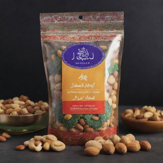 High-quality Iranian nut mix packaged in a festively decorated, sleek bag, with vibrant colors and design elements reflecting Iranian culture.